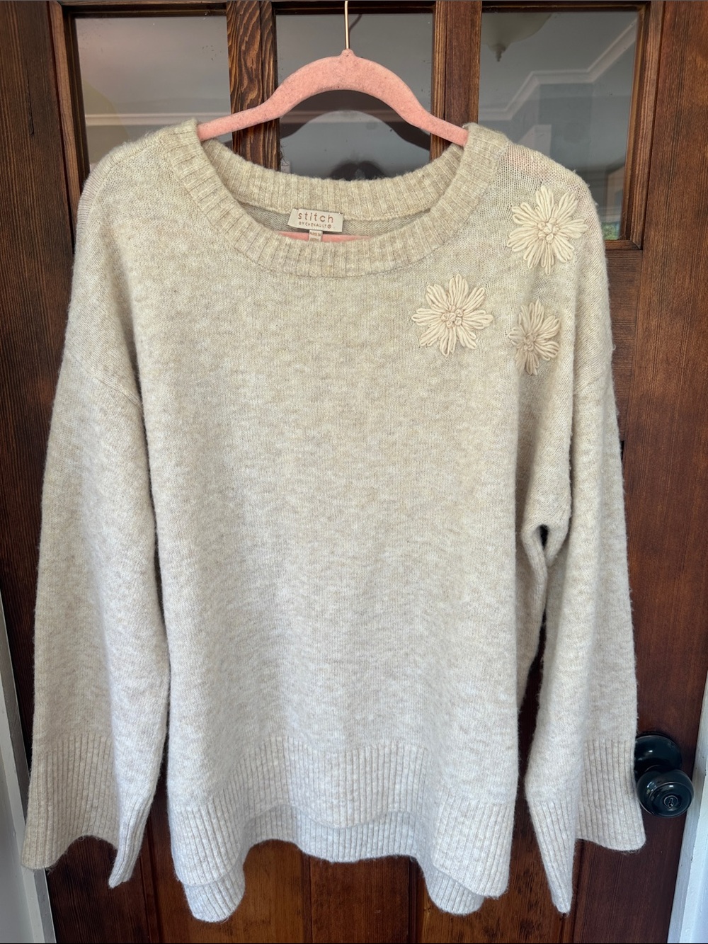 Stitch by Chenault Floral Embroidered Crewneck Knit Sweater XXL SW0217 Cream